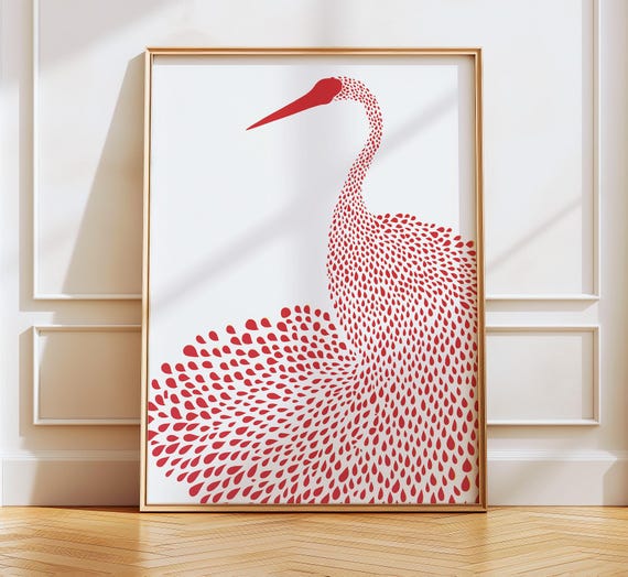 Japandi Wall Art Bird Abstract Illustration Wabi Sabi Minimalistic Decor Red Ink Painting Floral Petal Motive Poster Home Decor Print 10