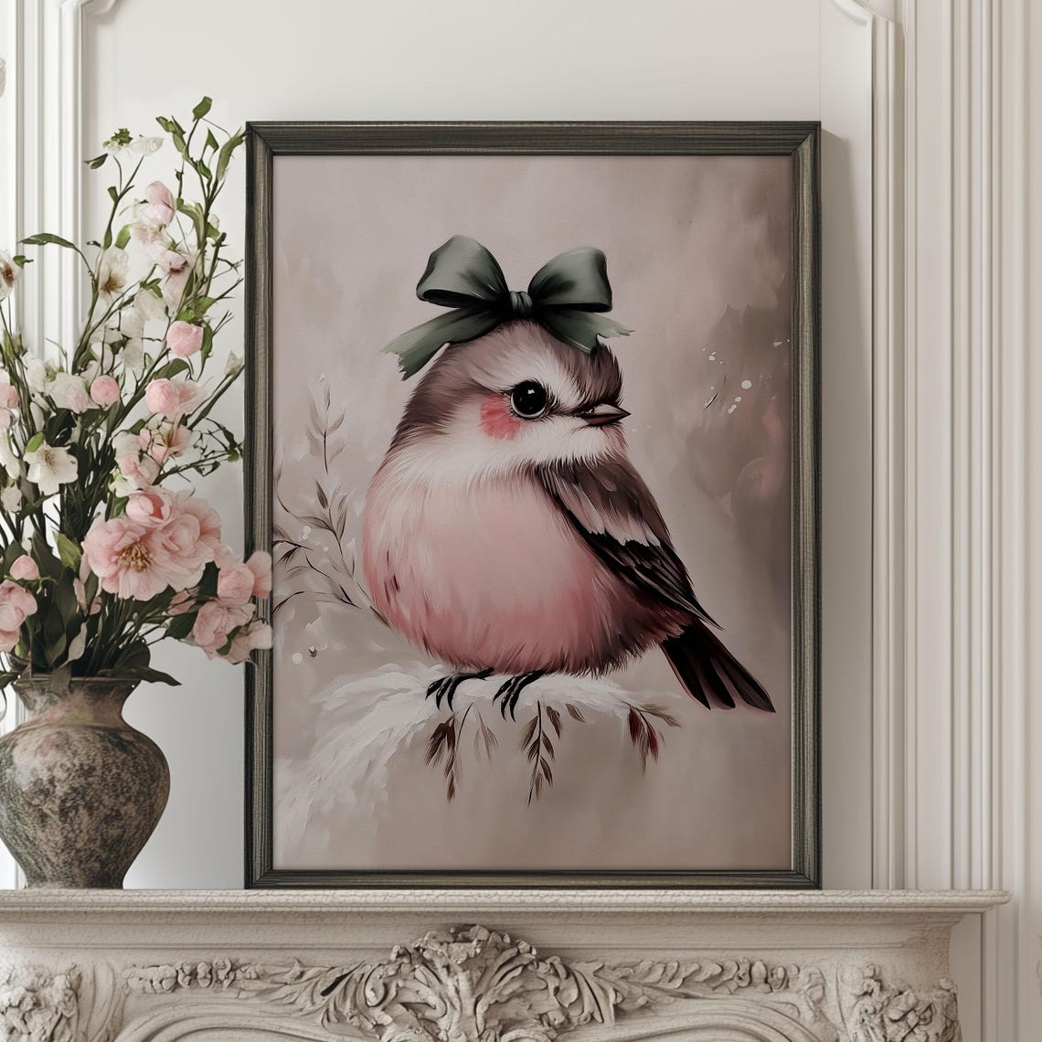 Adorable Round Bird Green Bow Pink Winter Songbird Portrait Poster - Image 4