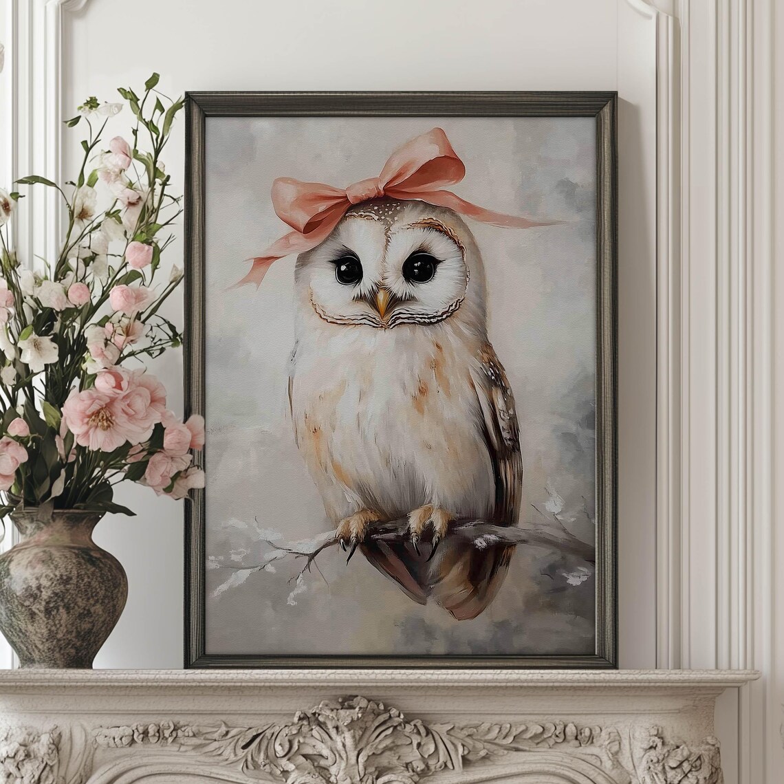 Sweet White Owl Peach Ribbon Bow Winter Bird Portrait Art Poster - Image 4