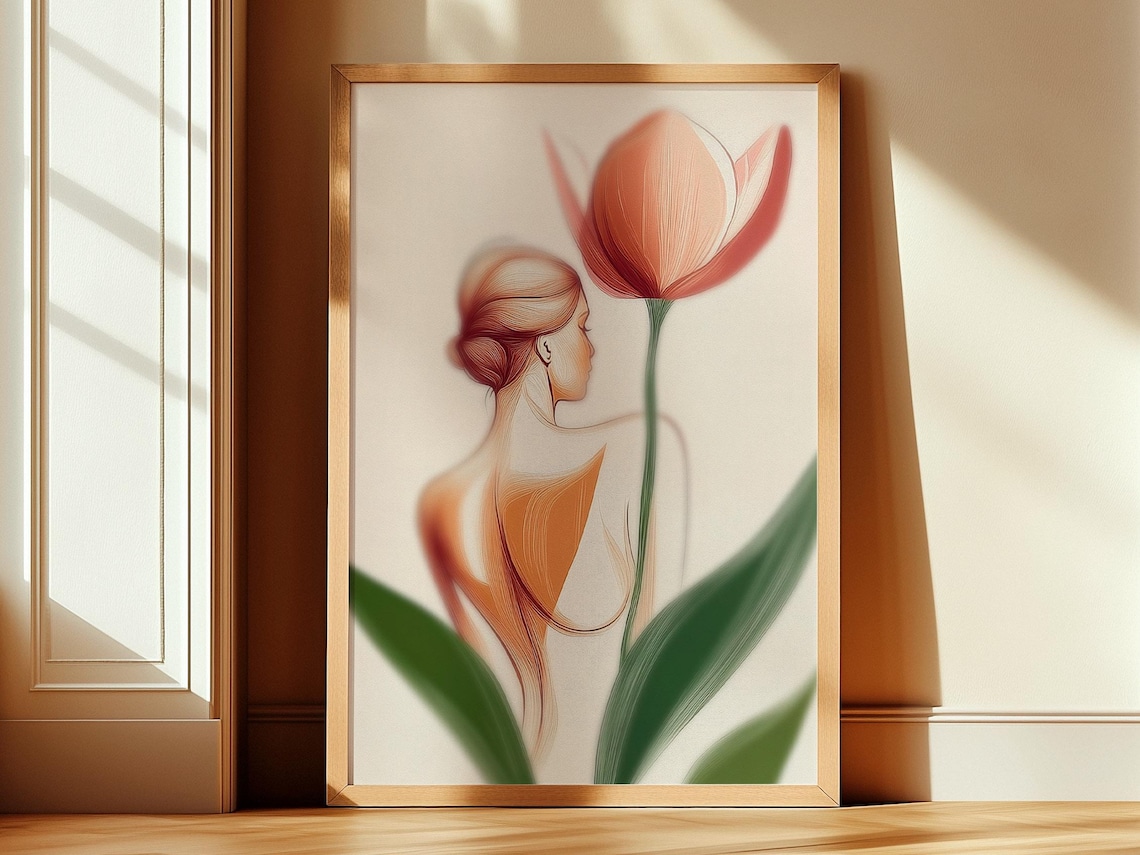 Woman Tulip Line Art Feminine Aesthetic Pink Floral Wall Poster