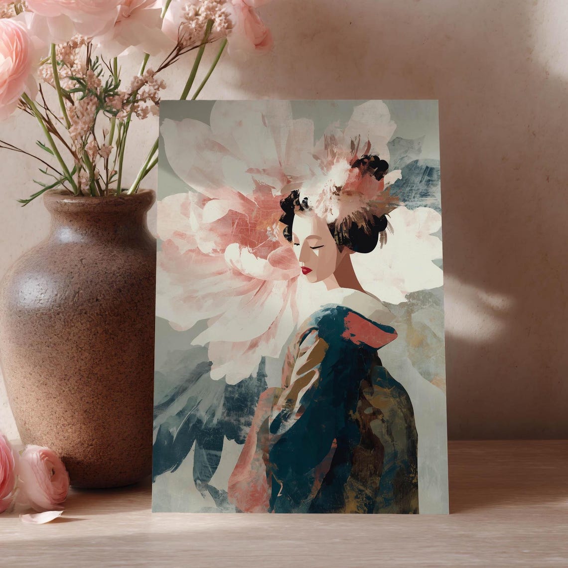 Pastel Geisha Oil Painting Floral Japanese Elegant Artwork Poster