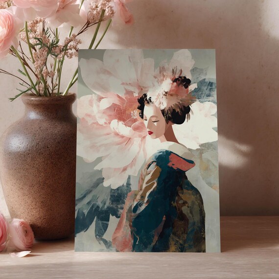 Pastel Geisha Oil Painting Floral Japanese Elegant Artwork Poster