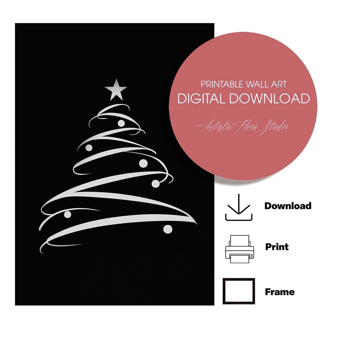 White Line Art Christmas Tree On Black Minimalist Graphic Poster - Image 4