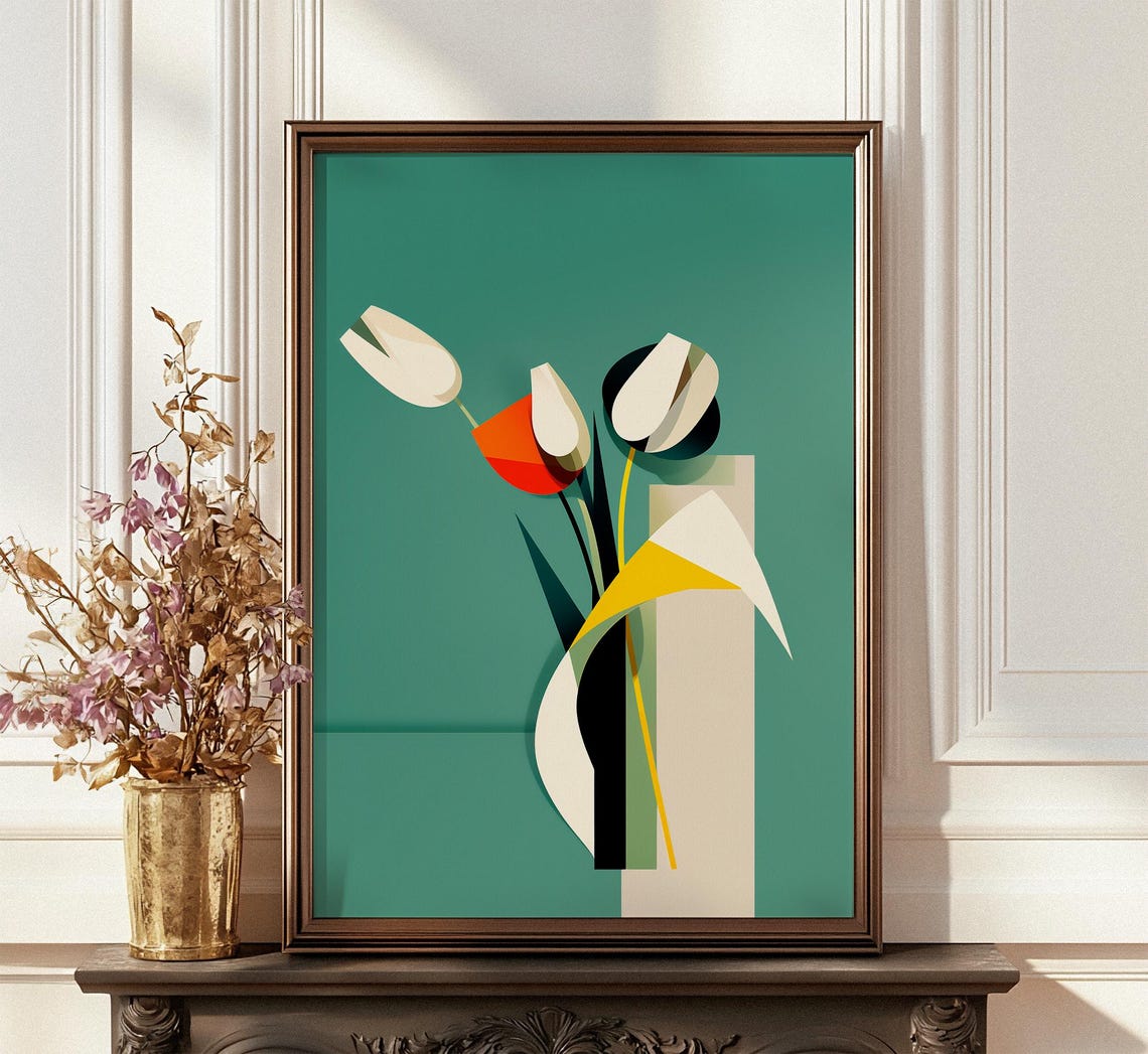 Geometric Tulips Vase Teal Background Cubist Modern Art Poster - Image 2