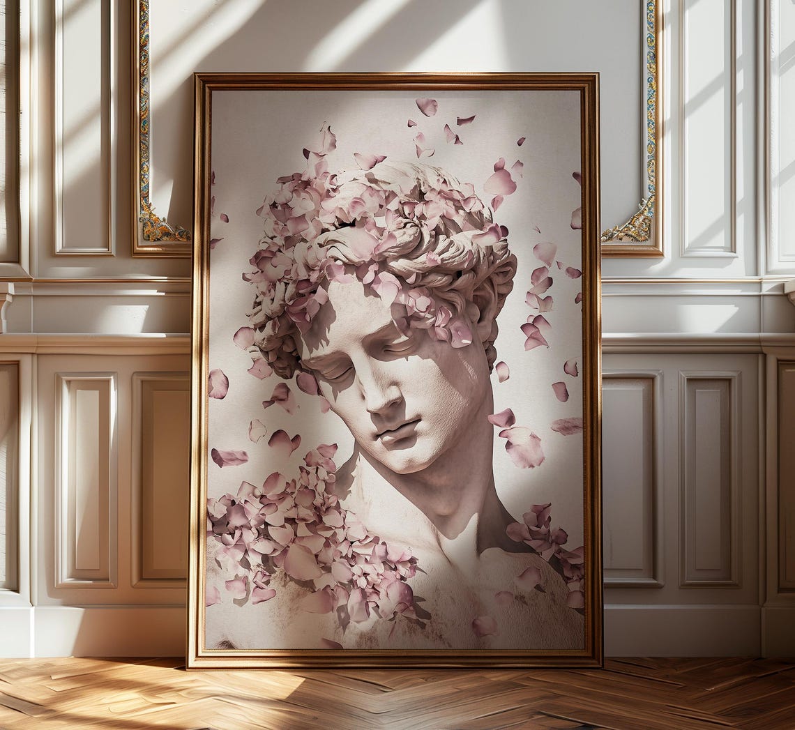Michelangelo David Statue with Pink Petals Classical Art Poster - Image 2