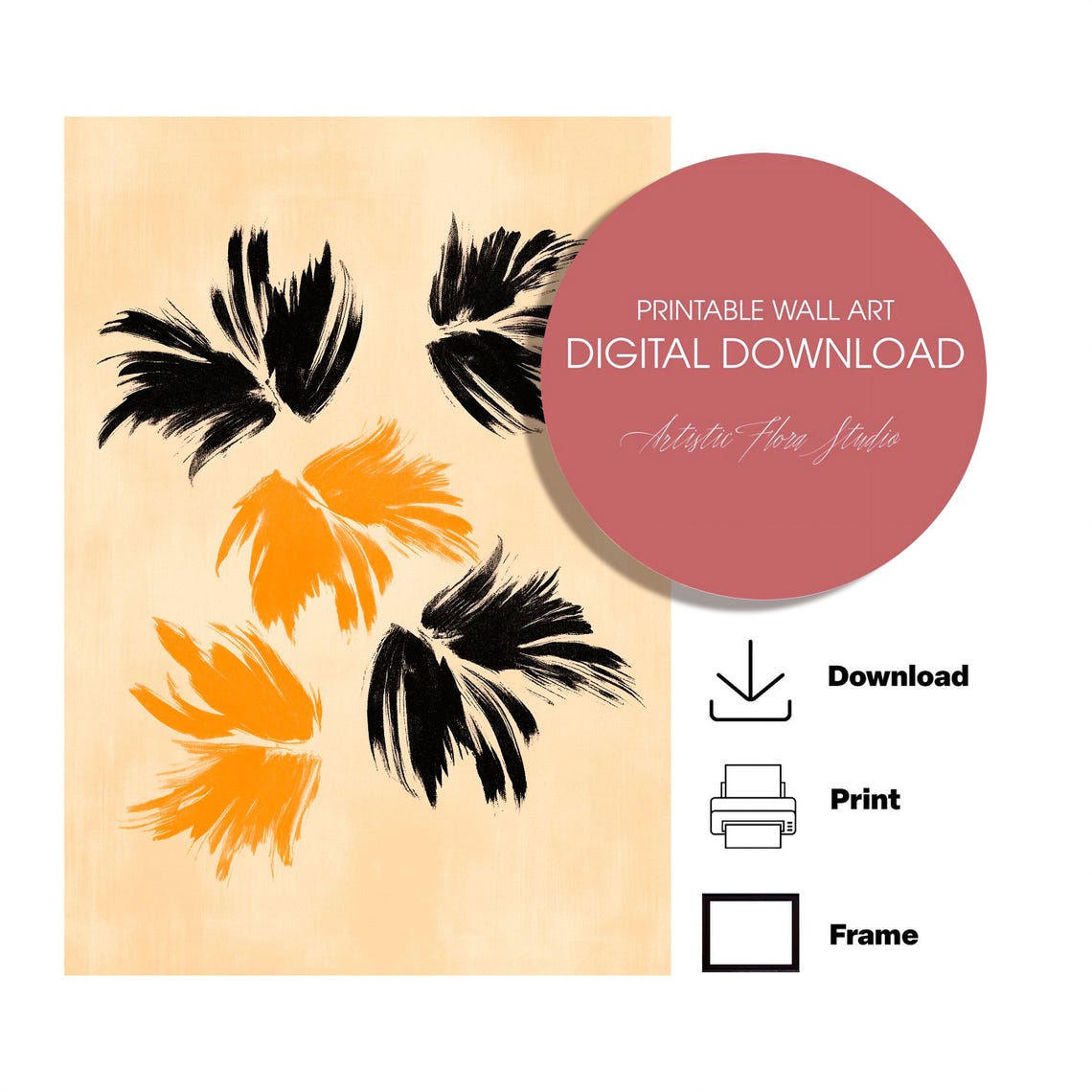 Black And Orange Brush Stroke Feather Shapes Abstract Art Poster - Image 3