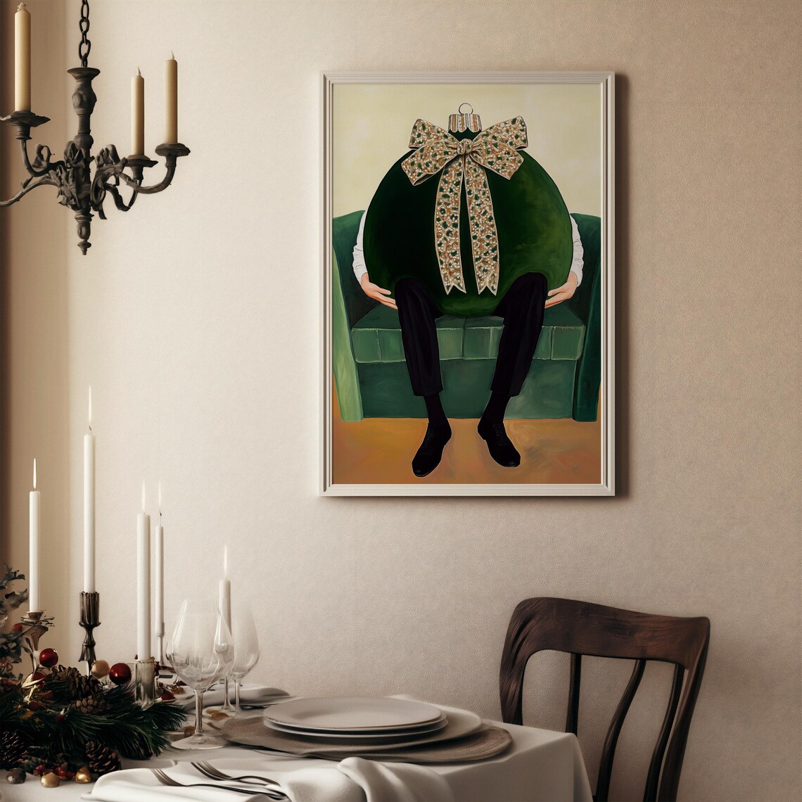Person With Giant Green Christmas Bauble Body Sitting Armchair Poster - Image 3