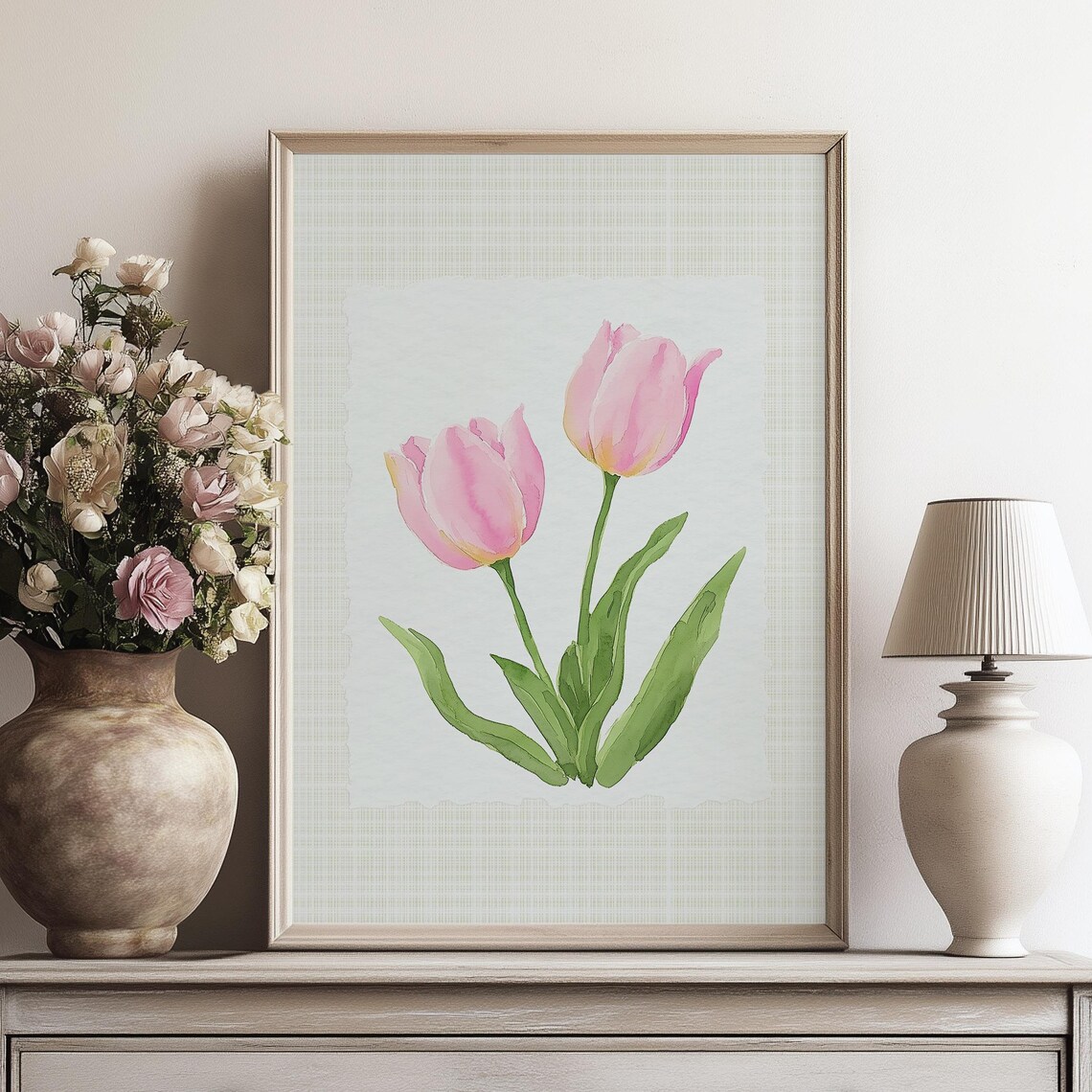 Pink Tulips Watercolor Pair Soft Floral Botanical Art Poster - Image 3