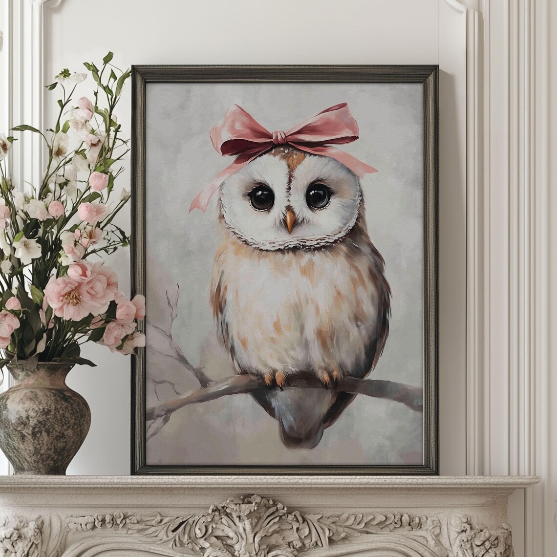 Cute White Owl Pink Bow Big Eyed Winter Bird Portrait Poster - Image 4