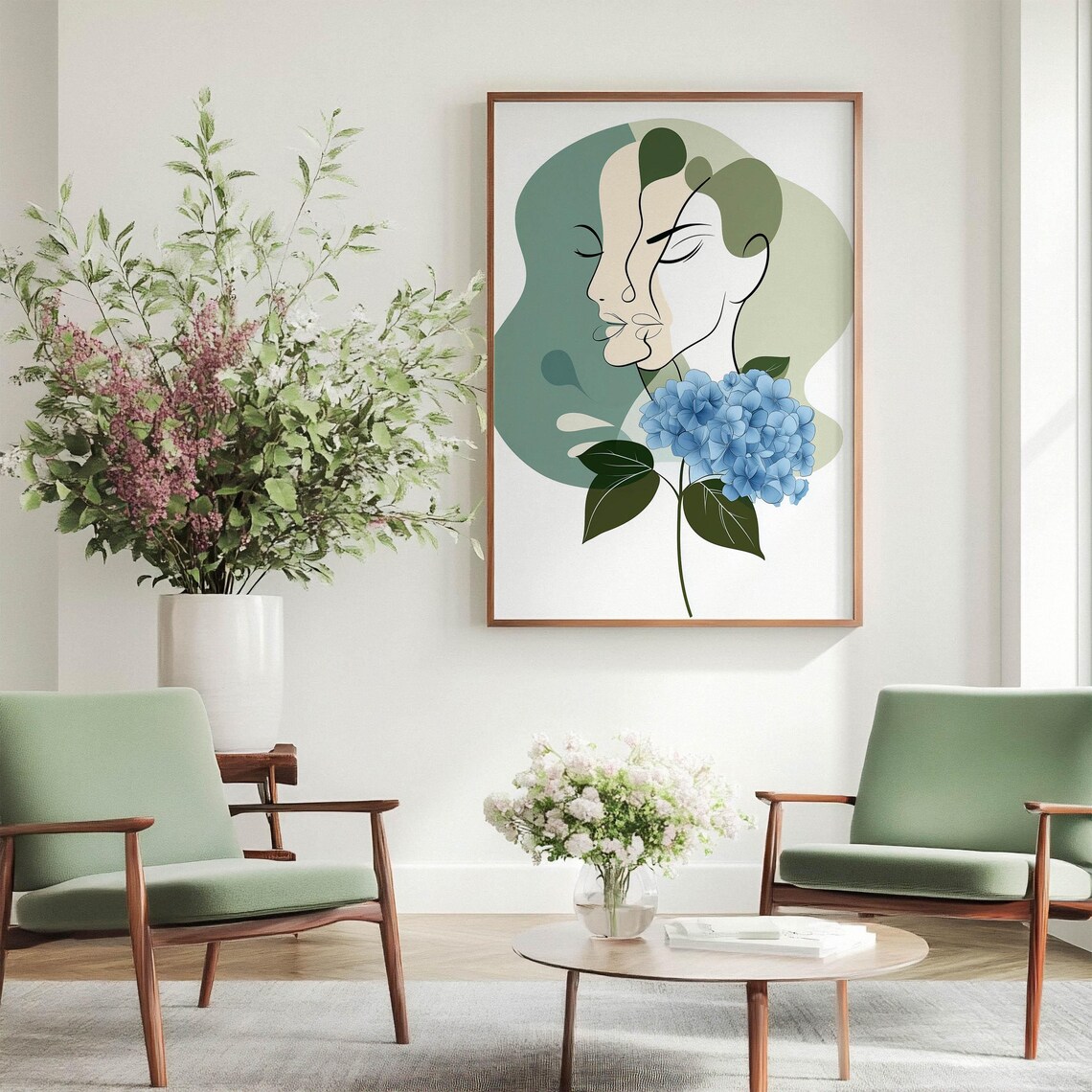 Hydrangea Print Artwork Picasso Style Wall Art Sage Green Bathroom Decor Poster Line Drawing Graphic Illustration 243 - Image 4