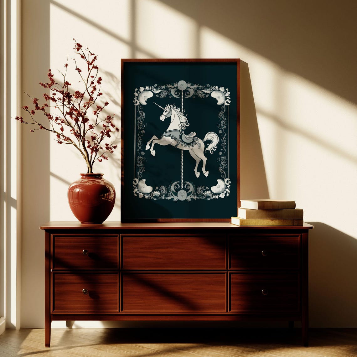 Magical White Carousel Unicorn Dark Navy Chalk Style Art Poster - Image 3
