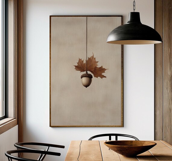 Single Hanging Acorn With Dried Maple Leaf Rustic Minimalist Poster