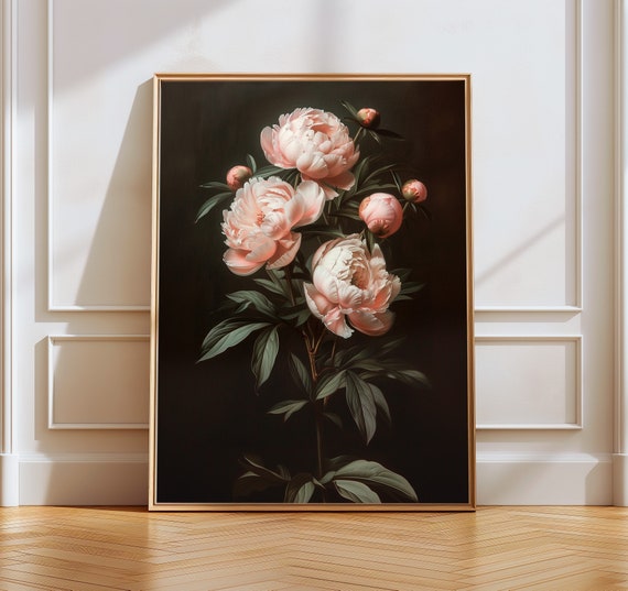 Pink Peony Print Peony Arrangements Art Work Oil Pastels Artwork Dark Moody Floral Still Life Above The Bed Art Master Bedroom