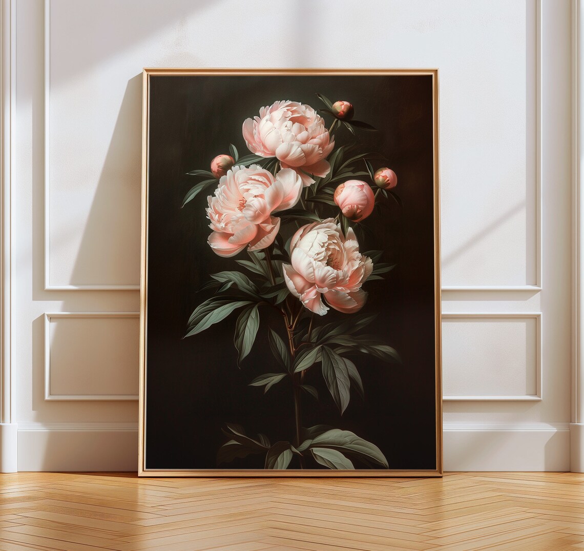 Pink Peony Blossoms Dark Moody Oil Painting Floral Art Poster