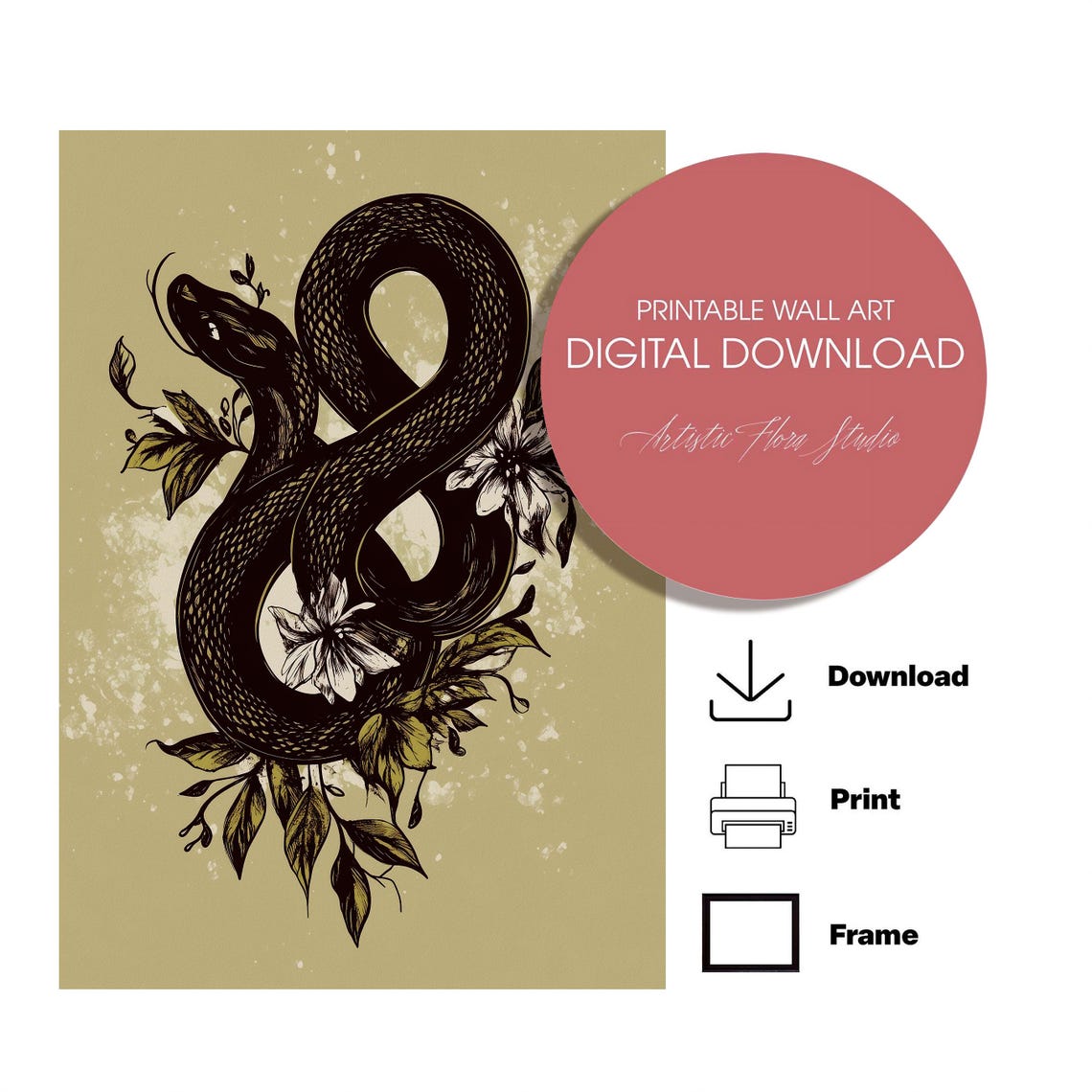 Black Serpent Botanical Illustration Floral Moody Nature Art Poster - Image 3
