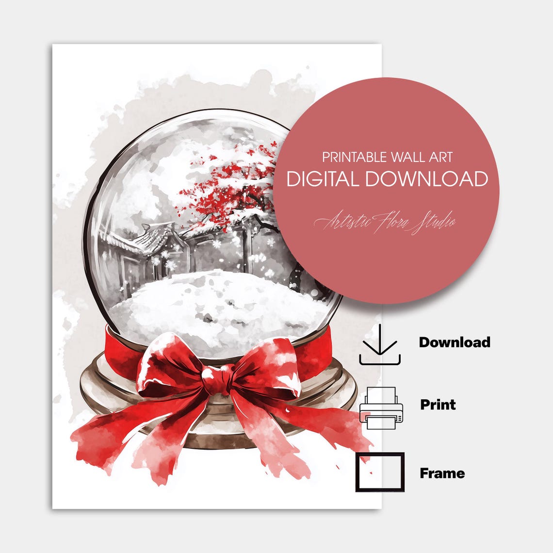 Red Bow Snow Globe With Japanese Pagoda Winter Scene Art Poster - Image 5