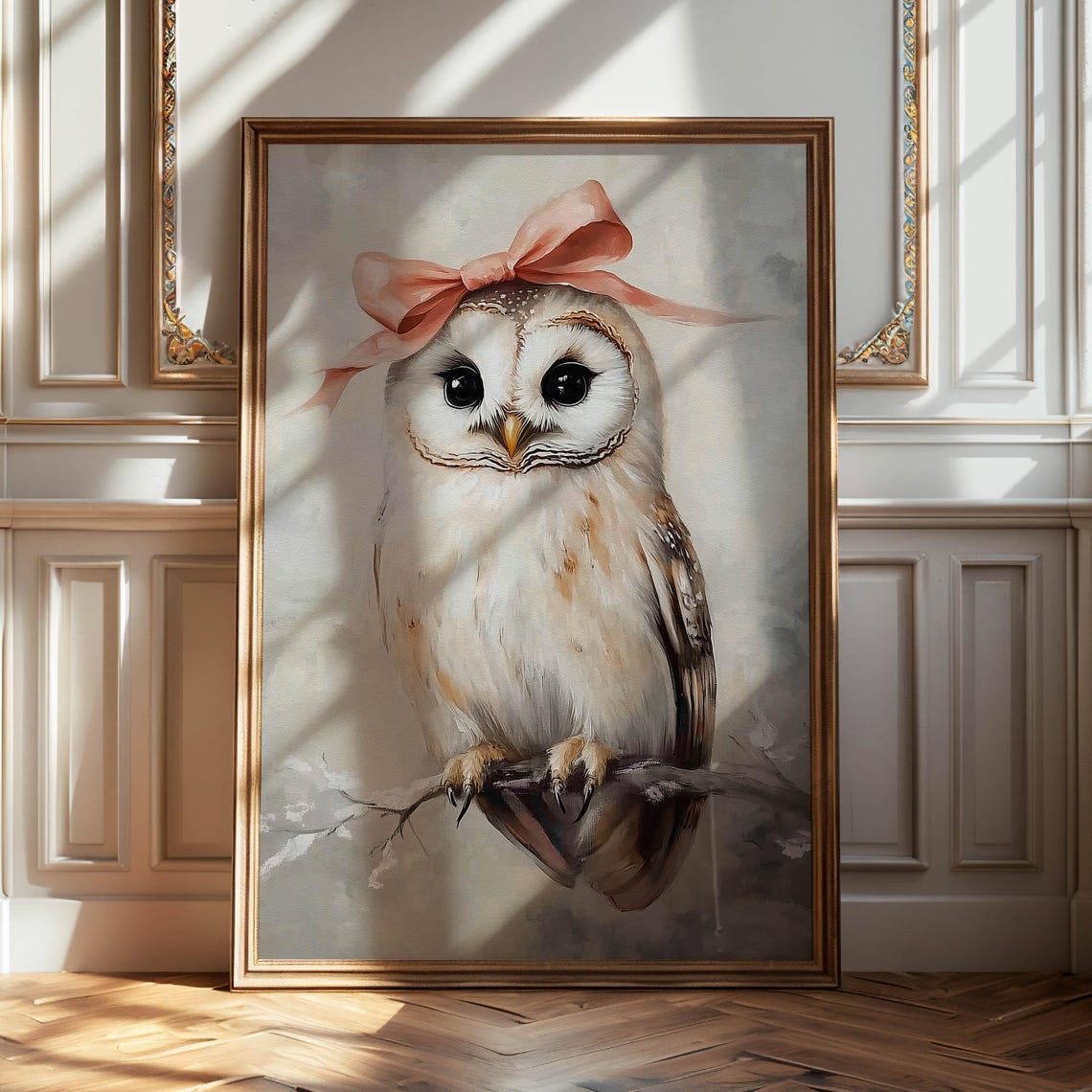 Sweet White Owl Peach Ribbon Bow Winter Bird Portrait Art Poster