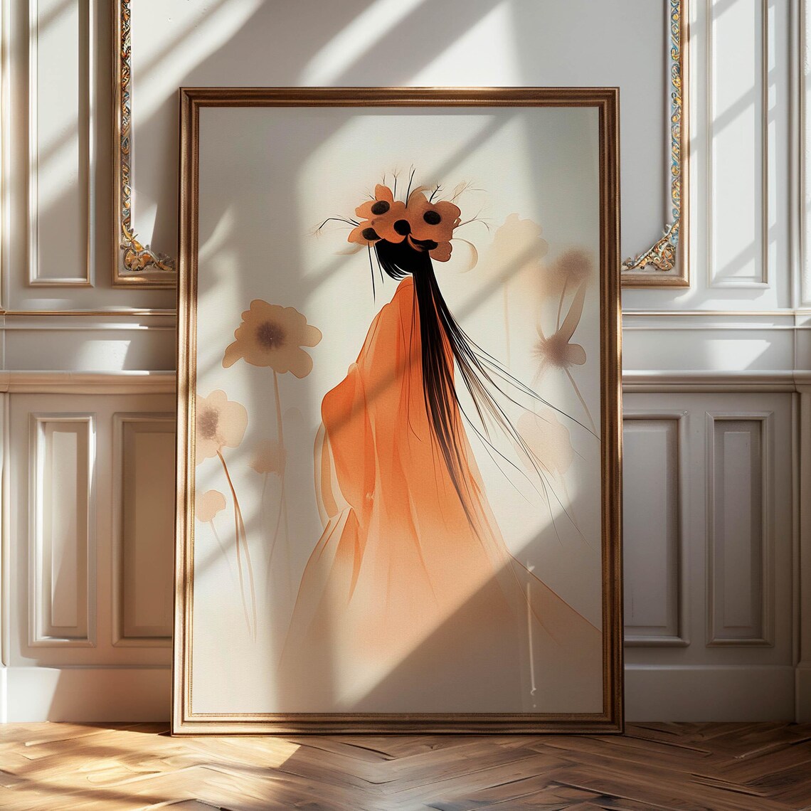 Japanese Woman Orange Kimono Watercolor Portrait Floral Art Poster