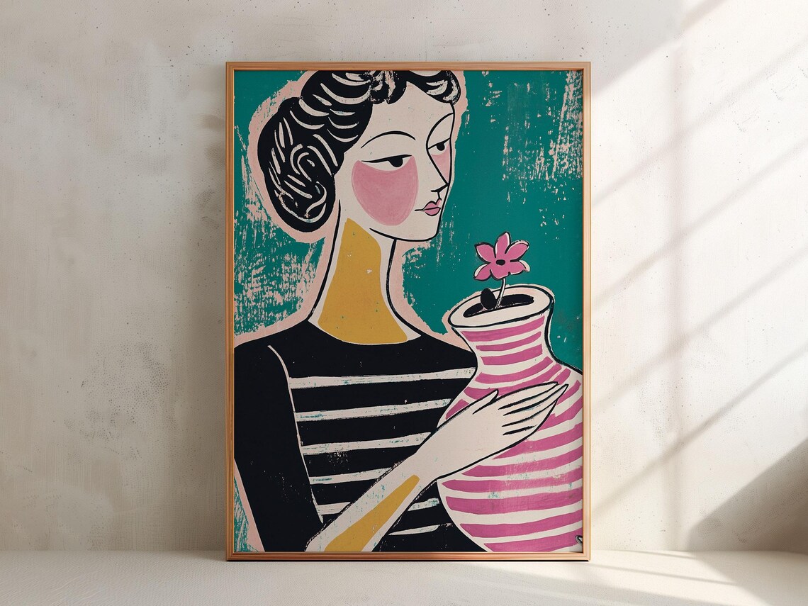 Woman In Breton Stripe Top Holding Pink Striped Flower Vase Poster