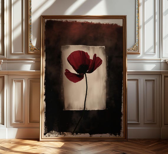 Poppy Wall Art Big Flower Illustration Dark Moody Decor Bedroom Modern Apartment Big Poster Brown Colour Art Autumn Winter