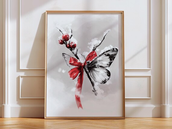 Red Bow Winterberry Branch With Butterfly Snow Painting Poster