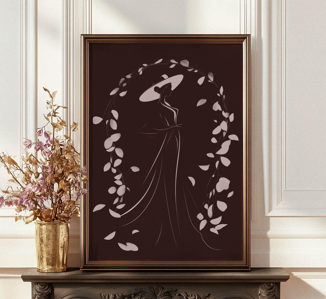 Elegant Woman in Hat Silhouette Falling Petals Dark Romantic Poster - Image 4