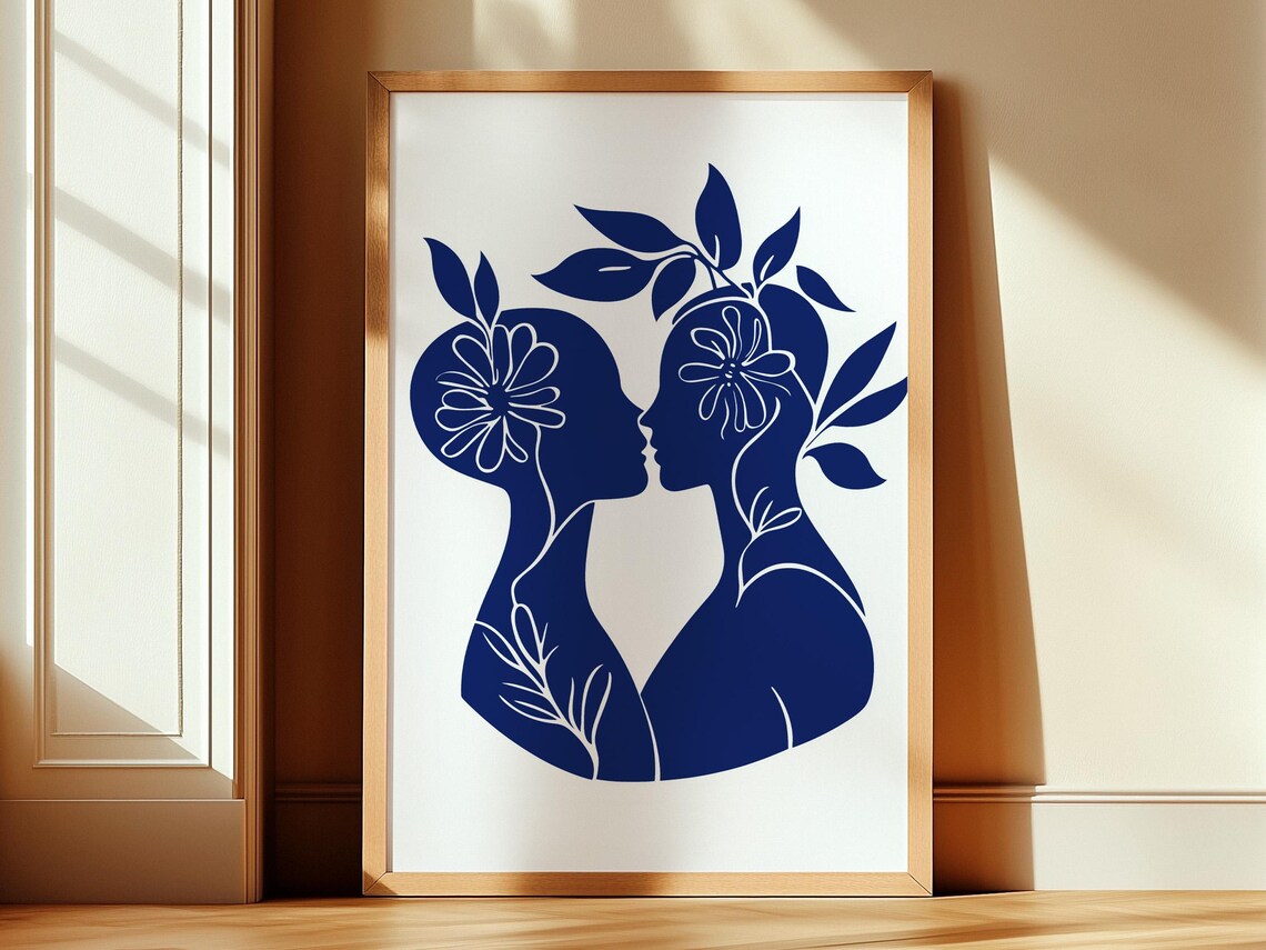 Royal Blue Kissing Faces Floral Abstract Female Silhouette Poster