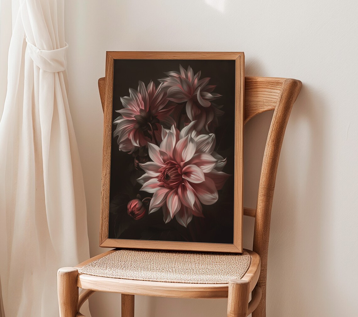 Dahlia Blossom Dark Moody Floral White Pink Botanical Art Poster - Image 2