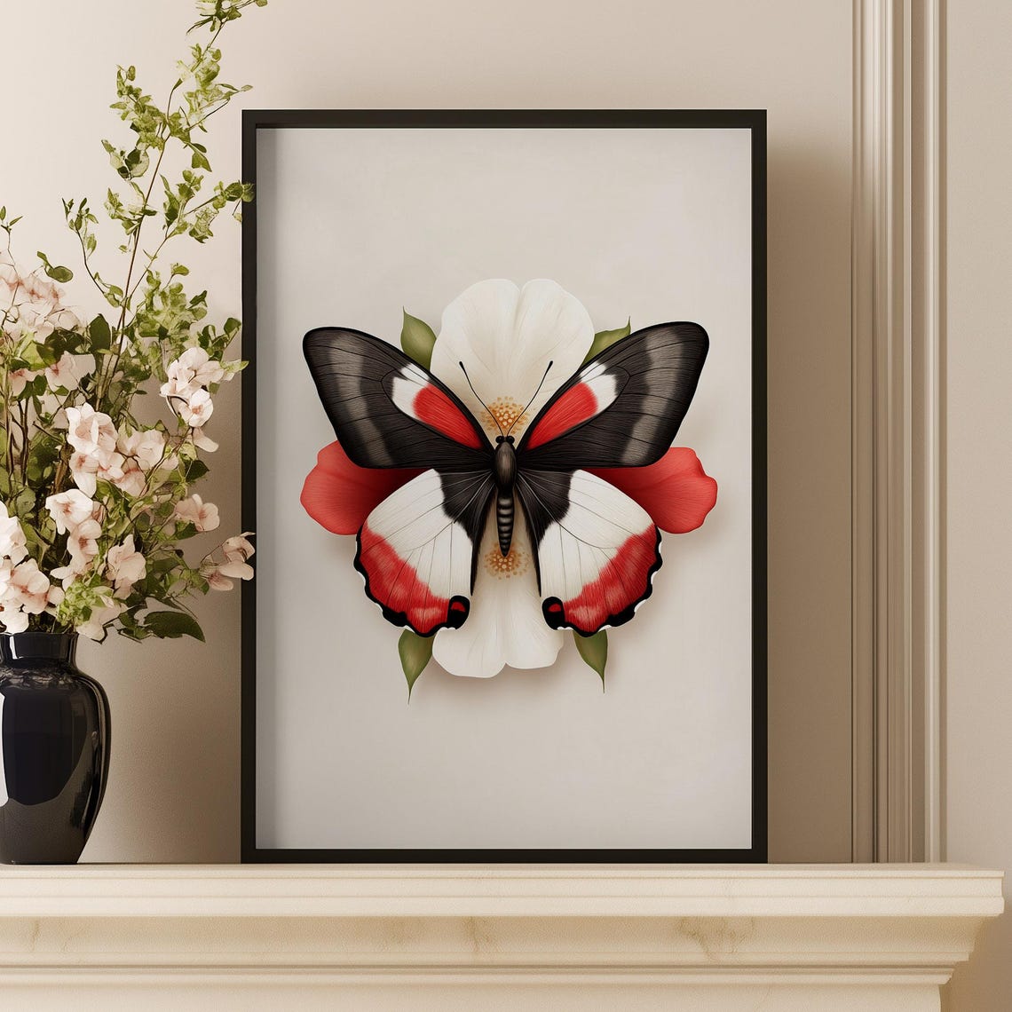 Bold Red Black White Butterfly on Flower Botanical Art Poster - Image 2