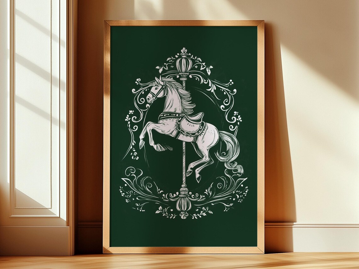 Antique White Carousel Horse Dark Green Vintage Style Poster