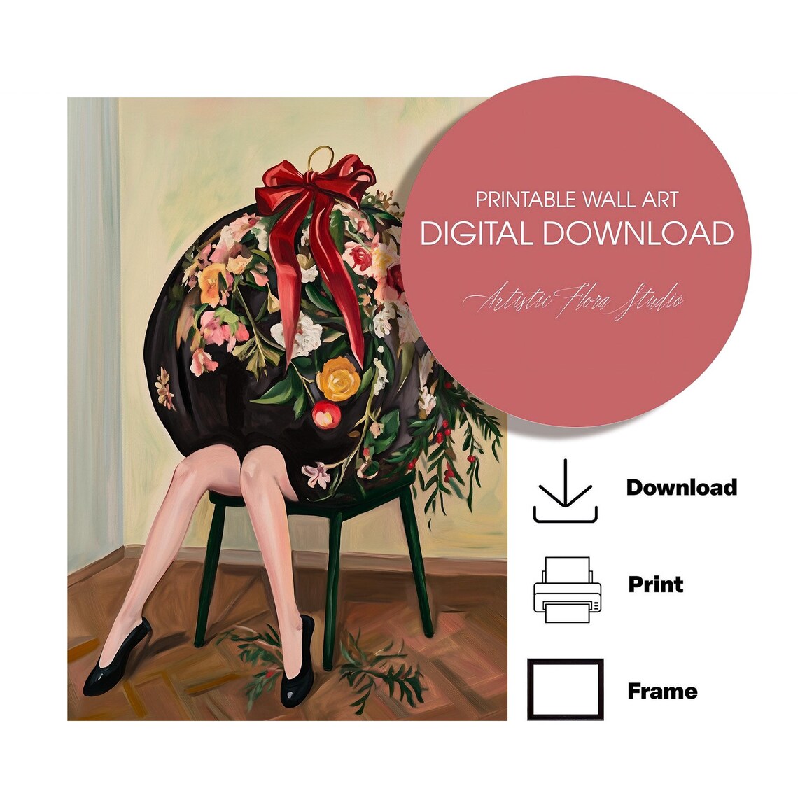 Woman With Giant Floral Christmas Bauble And Red Bow Surreal Poster - Image 3