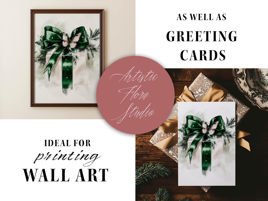 Emerald Green Bow Christmas Gift Box With Butterfly Art Poster - Image 4