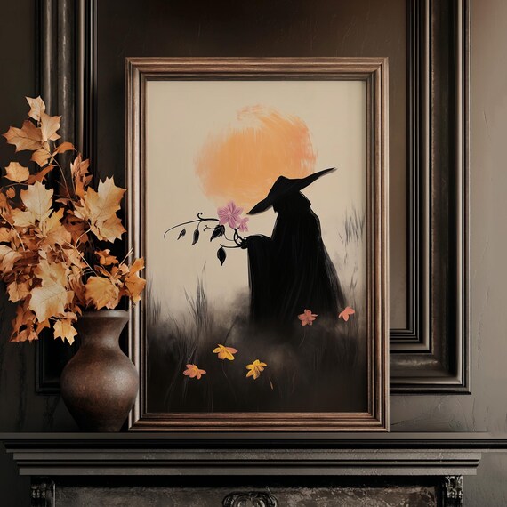 Witch Silhouette Harvest Moon Wildflower Dark Autumn Art Poster