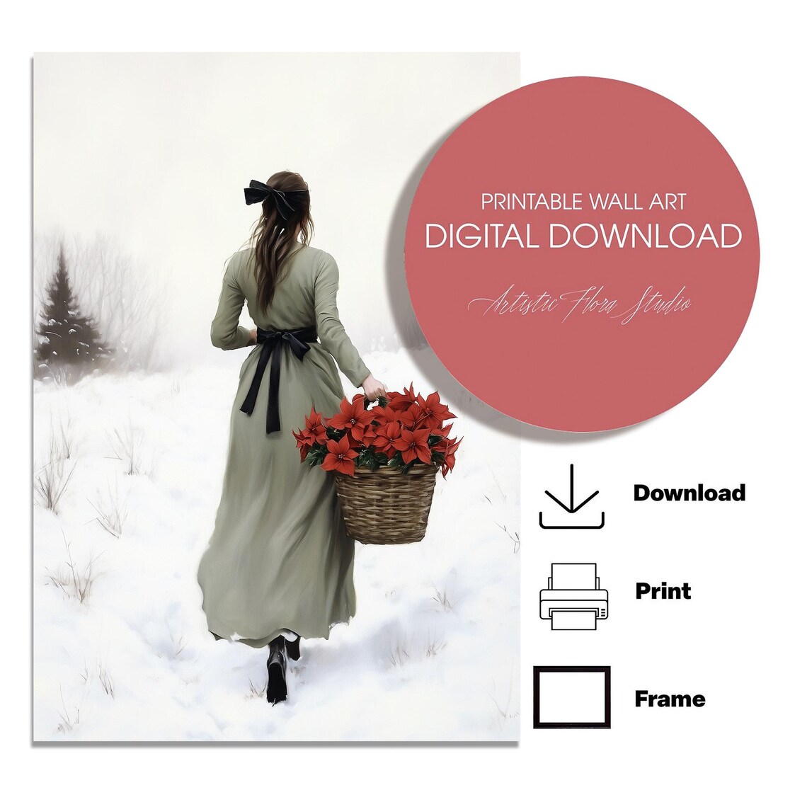 Woman Walking Through Snow With Basket of Red Poinsettias Poster - Image 3