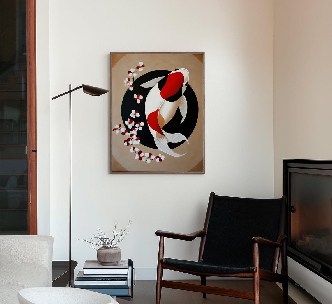 Koi Fish Circle Cherry Blossom Japanese Art Red White Black Poster - Image 2