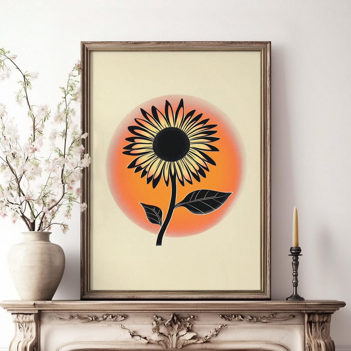 Sunflower Orange Sun Circle Retro Minimalist Floral Art Poster - Image 3