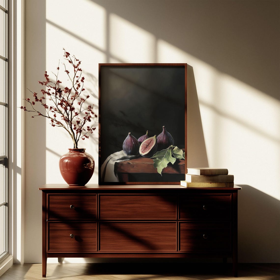 Dark Moody Fig Still Life With Cut Fig And Leaf Kitchen Art Poster - Image 3