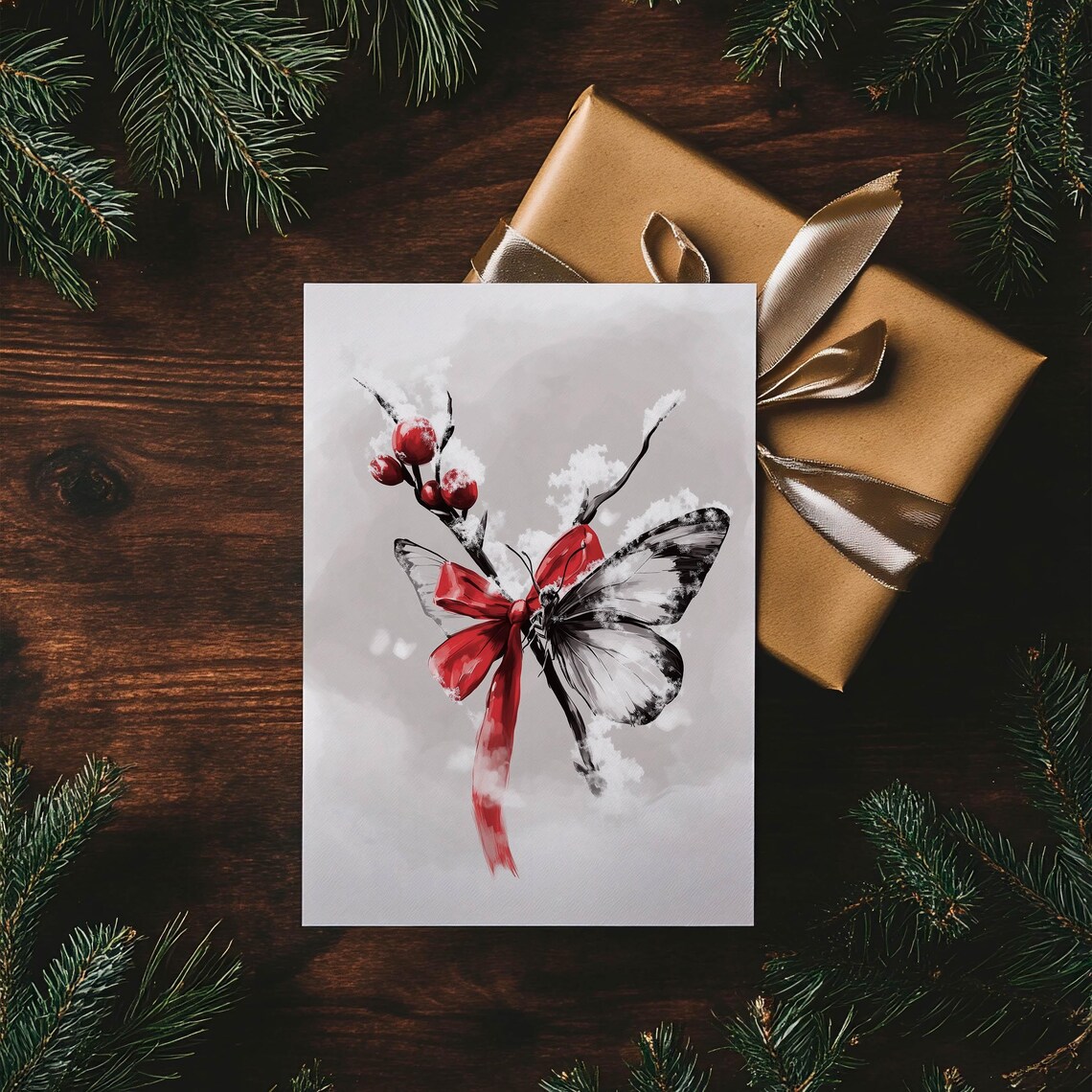 Red Bow Winterberry Branch With Butterfly Snow Painting Poster - Image 3
