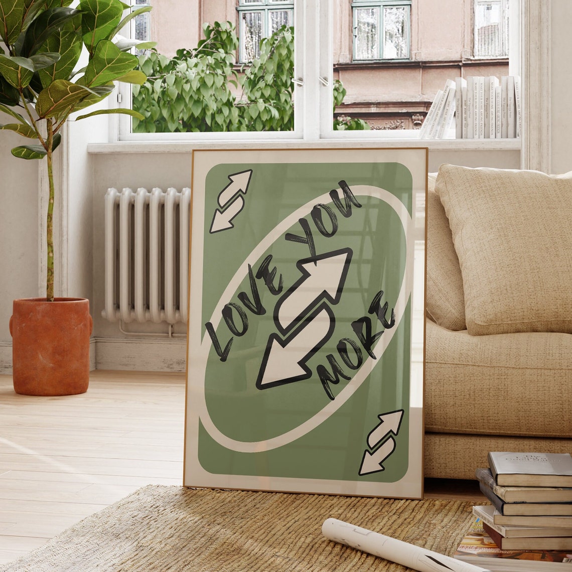 Love You More Sage Green Retro Reverse Playing Card Quote Wall Art - Image 2