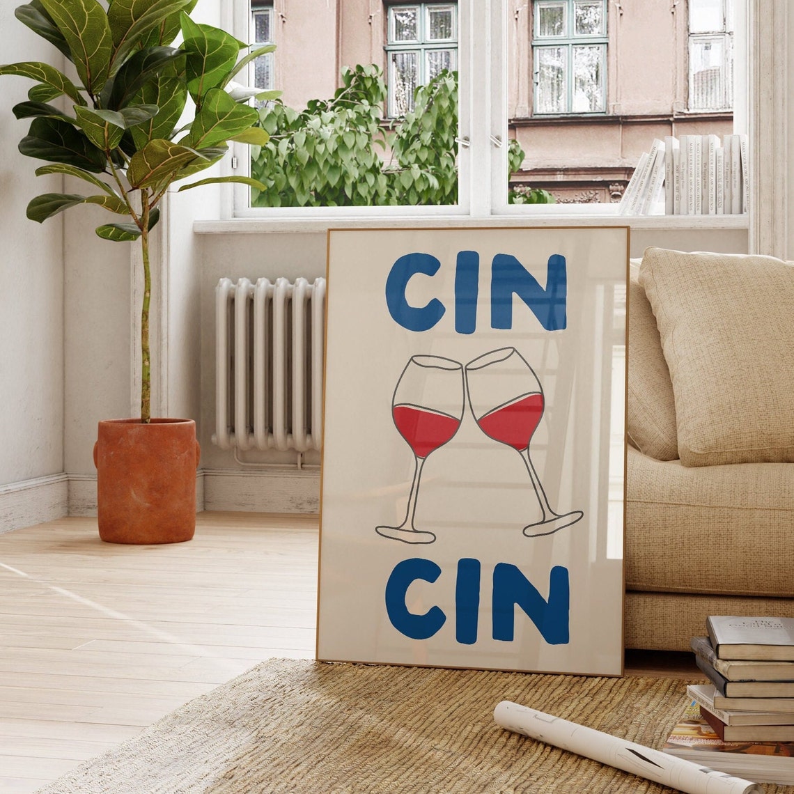 Cin Cin Wine Glasses Toasting Bar Cart Blue Lettering Poster - Image 3
