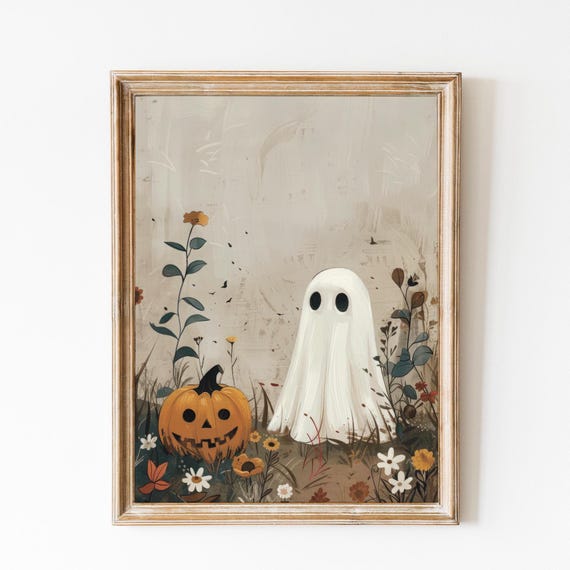 Cute Ghost With Halloween Pumpkin, Watercolor Art Print