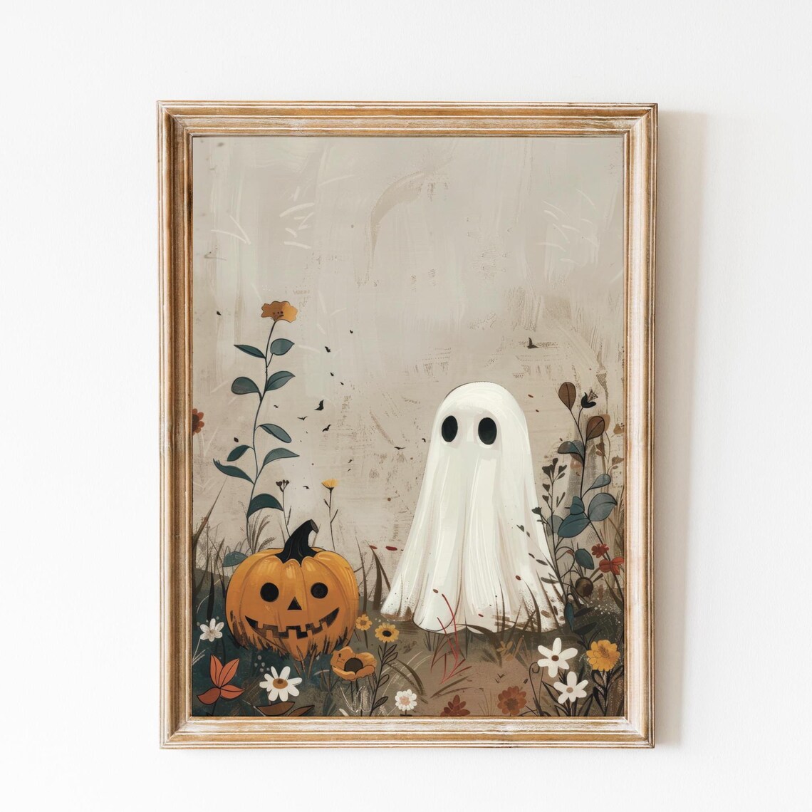 Cute Ghost With Halloween Pumpkin, Watercolor Art Print