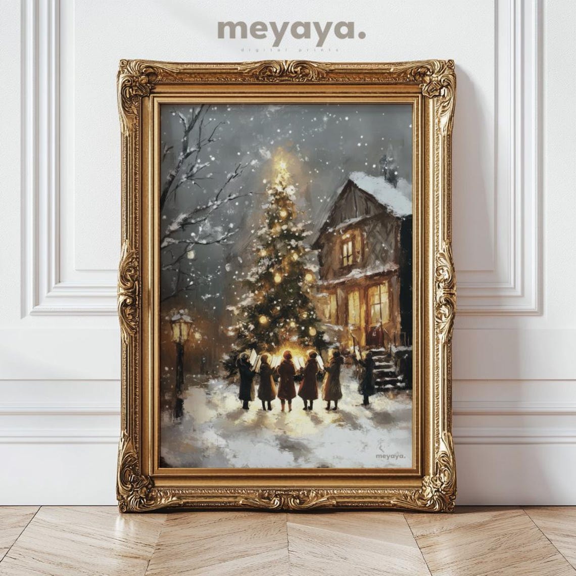 Christmas Carolers Candlelit Tree Snowy Night Vintage Poster - Image 6