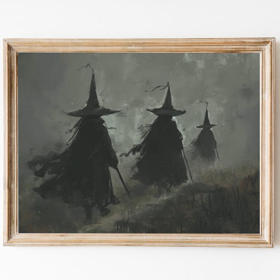 Three Witches Print Halloween Dark Academia Witchy Decor Moody Witch Painting Minimalist Halloween Print Witch Poster Spooky Season