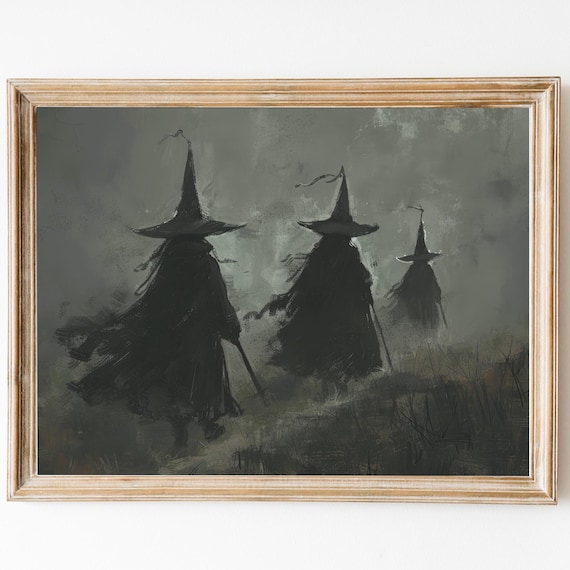 Three Witches Walking Through Foggy Moor Moody Dark Academia Poster