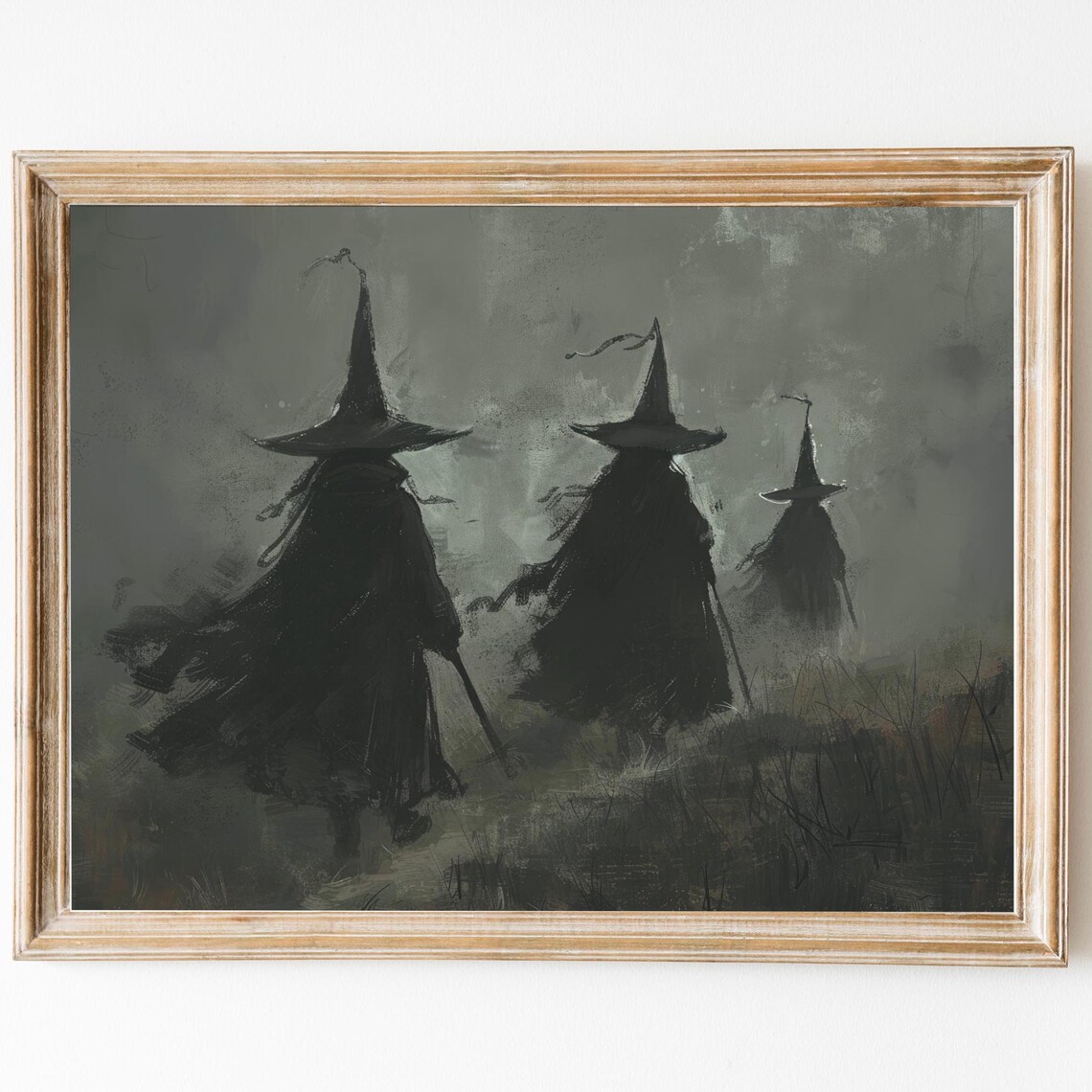Three Witches Walking Through Foggy Moor Moody Dark Academia Poster