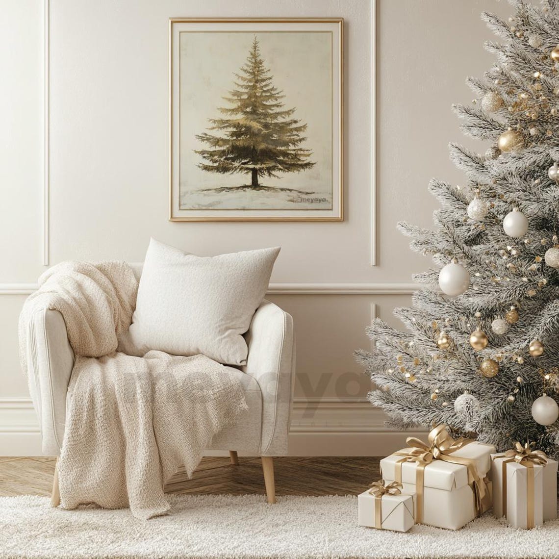Evergreen Pine Tree Snow Minimalist Neutral Winter Art Poster - Image 4