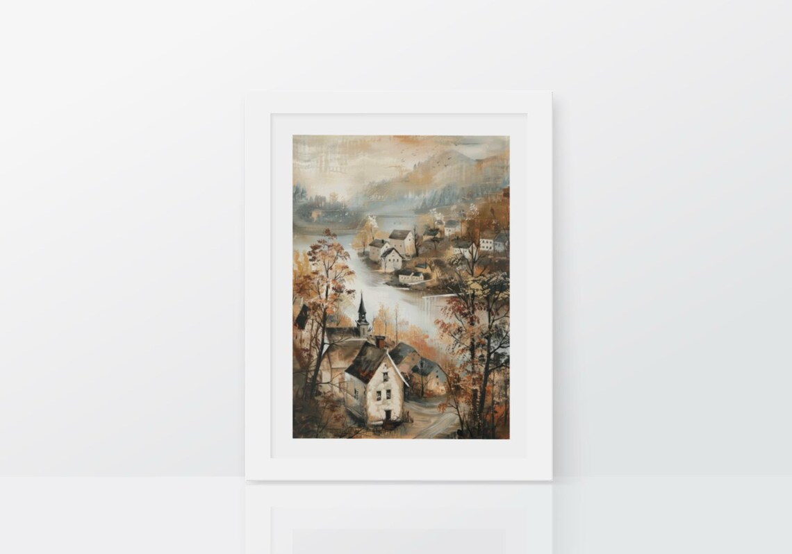 Autumn Village By Lake Church Fall Trees Vintage Landscape Poster - Image 2