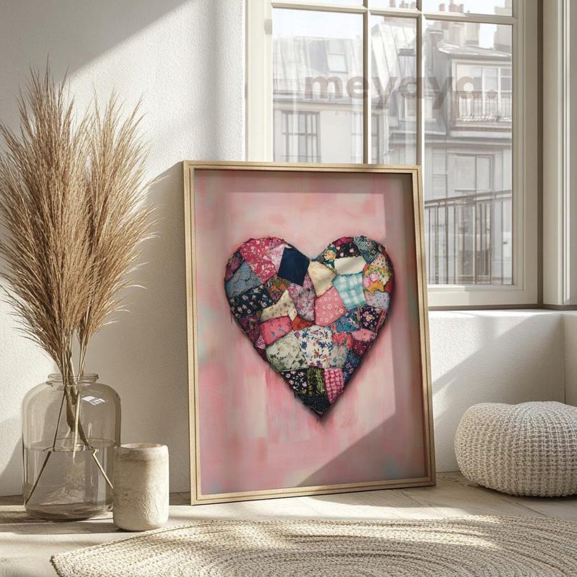 Patchwork Quilt Heart Pink Vintage Folk Art Romantic Wall Print - Image 5