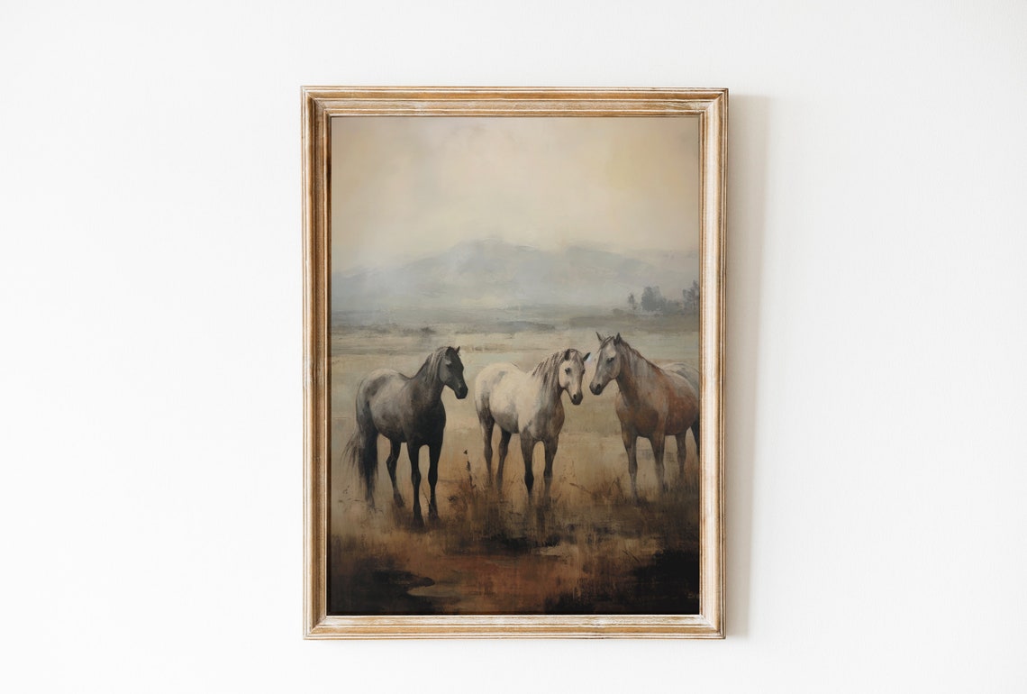 Three Wild Horses In Misty Meadow Vintage Equestrian Ranch Poster